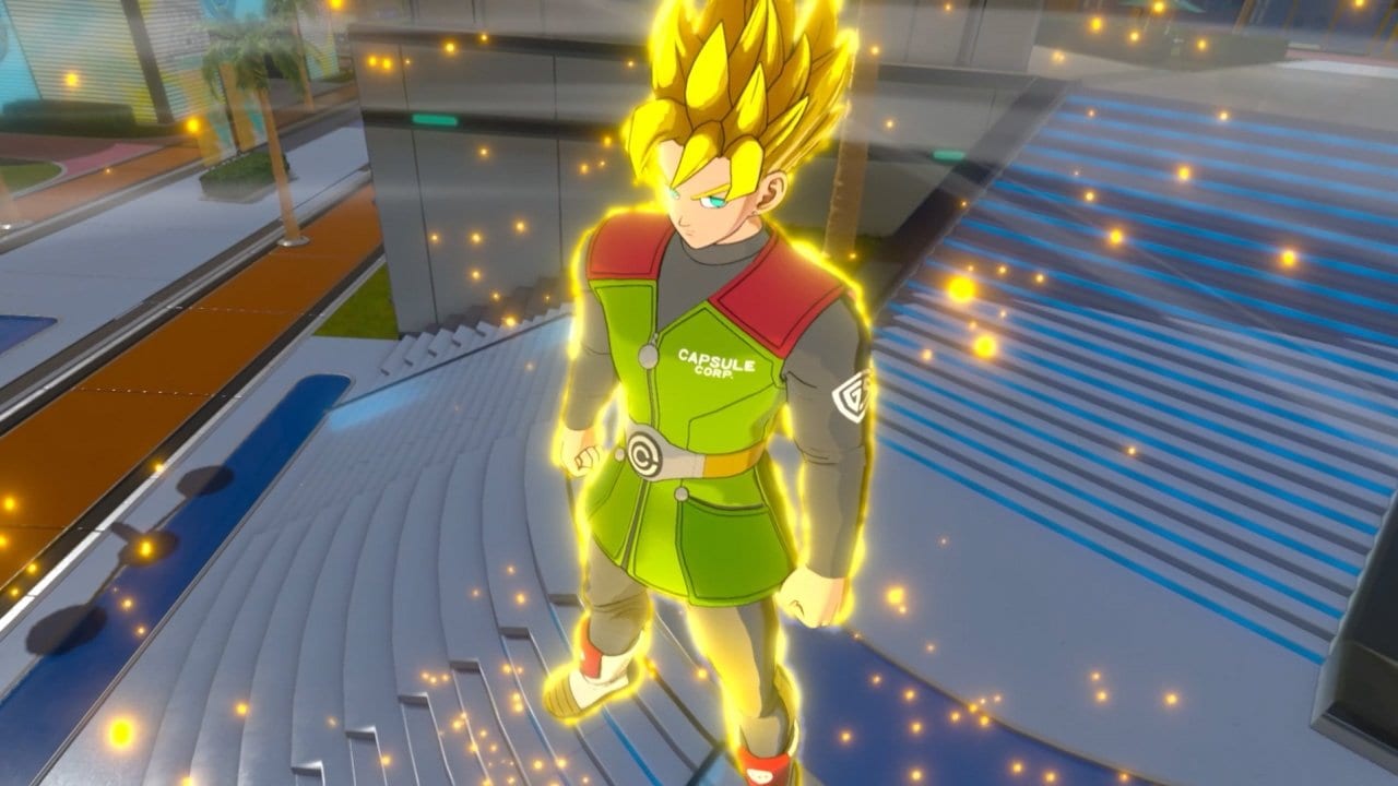 Dragon Ball Xenoverse 3 custom Super Saiyan transforming on a West City staircase