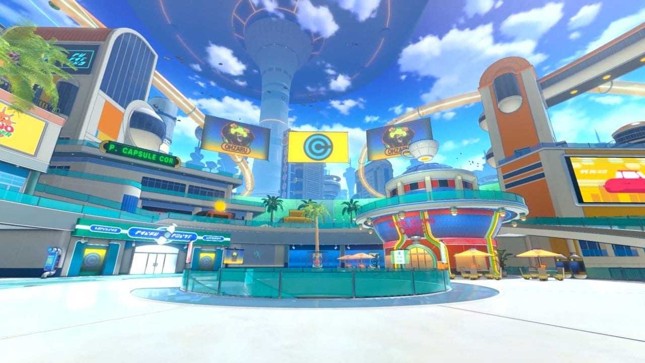 Futuristic West City hub in Dragon Ball Xenoverse 3 Age 1000 with Capsule Corp streets